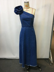 LIZAKOSHT  -  Summer Denim Dress Elegant Off-shoulder Denim 3D Floral Long Skirt Slim Fit High Waist Sleeveless Jeans Dresses for Women 2025