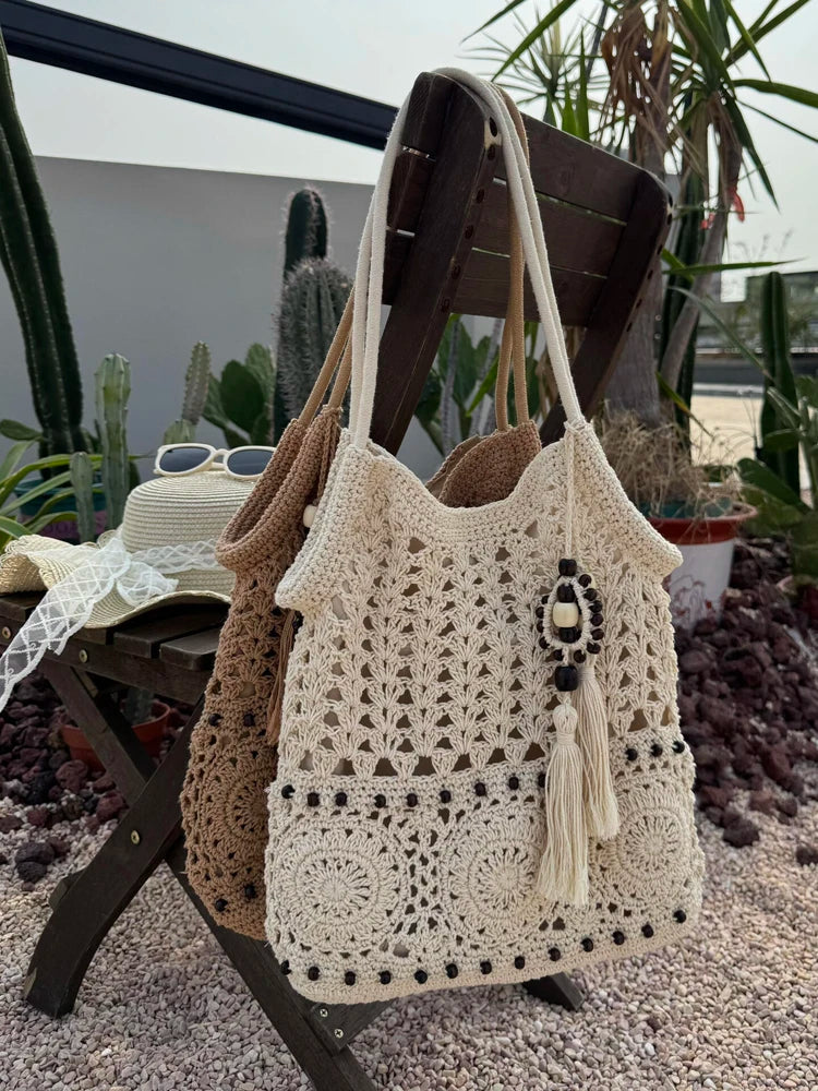 LIZAKOSHT  -  Fashion Women's Handbag with Wooden Bead Tassel One Shoulder Bag Cotton Woven Design Zipper Closure Totes