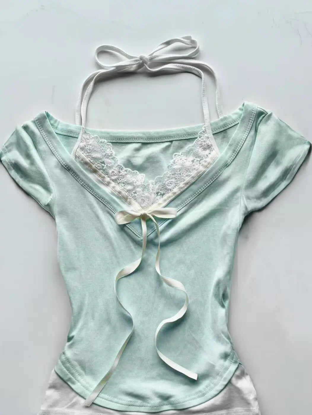 LIZAKOSHT  -  Y2k Aesthetic Fake Two Pieces Halter Bandage T-shirts Summer Women Lace Patchwork Crop Tees Streetwear Grunge Bow Bodycon Tops