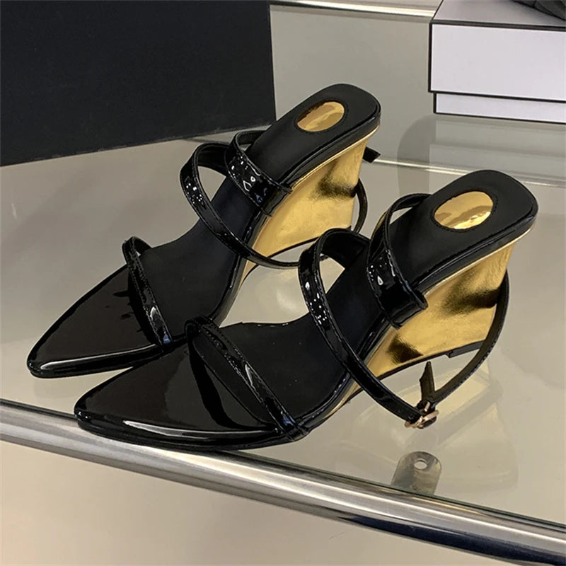 LIZAKOSHT  -  Summer Street Style Design Wedges Heels Women Sandals Buckle Strap Pointed Toe Banquet Ladies Pumps Shoes
