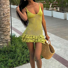 LIZAKOSHT  -  Fashion Women Green Pleated Knited Mini Dress Sexy Hollow Out Sleeveless Bodycon Dresses Summer Vocation Beach Casual Wear