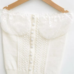 LIZAKOSHT  -  Women Off The Shoulder Twist Lace Trimmed Button Knitted Strapless Top