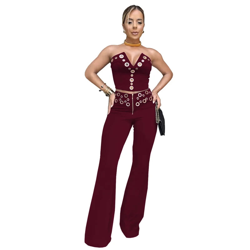 LIZAKOSHT  -  Elegant Hollow Out Patchwork Luxury 2 Piece Sets Woman Outfit Sleeveless Backless Crop Top and Pants Suit Female Party Clubwear