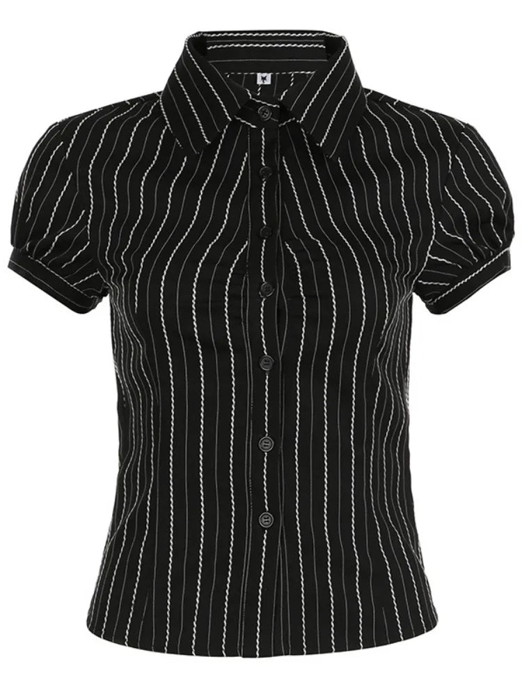 LIZAKOSHT  -  Streetwear Stripe Blouse Women Turndown Collar Tunic Y2k Aesthetic Crop Tops Harajuku Pleated Grunge Sexy Shirts Blouses