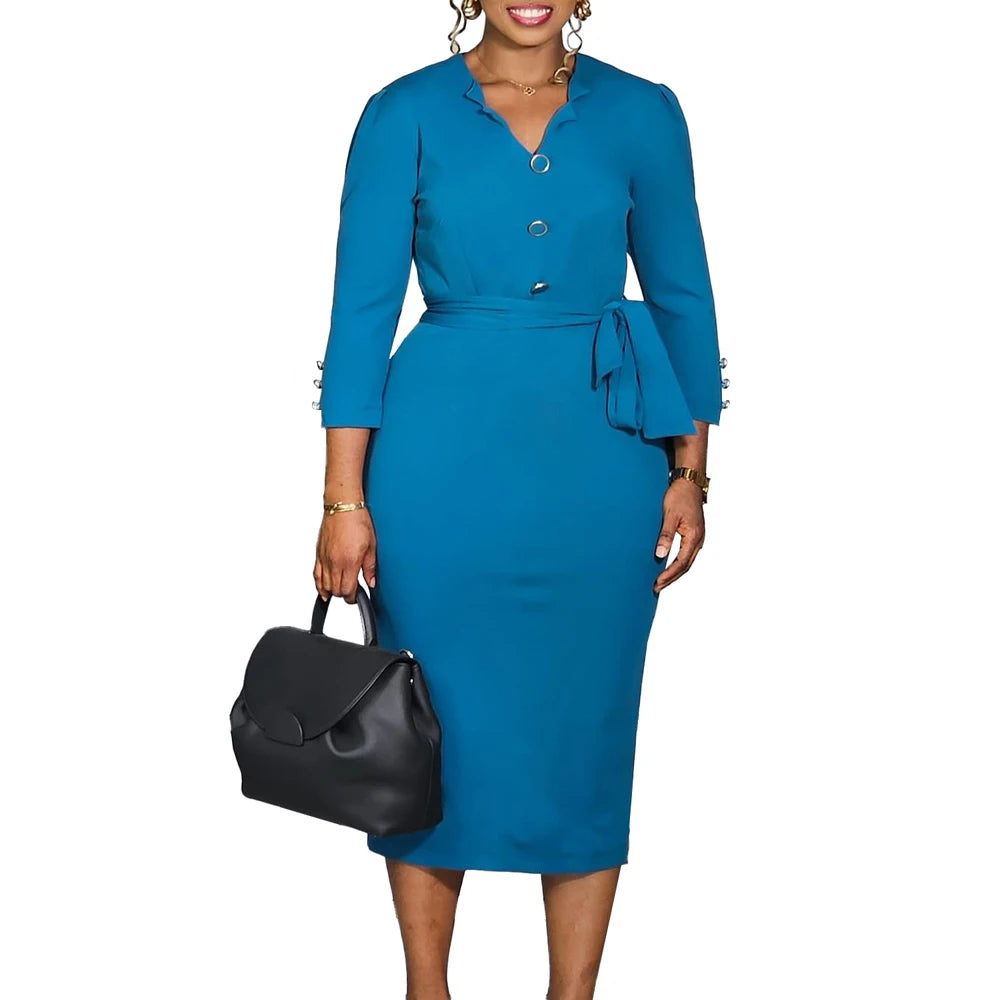 LIZAKOSHT  -  Women's Fashion Bodycon Midi Dress Long Sleeve V-Neck Autumn Casual Business Elegant Office Ladies Work Church Dresses