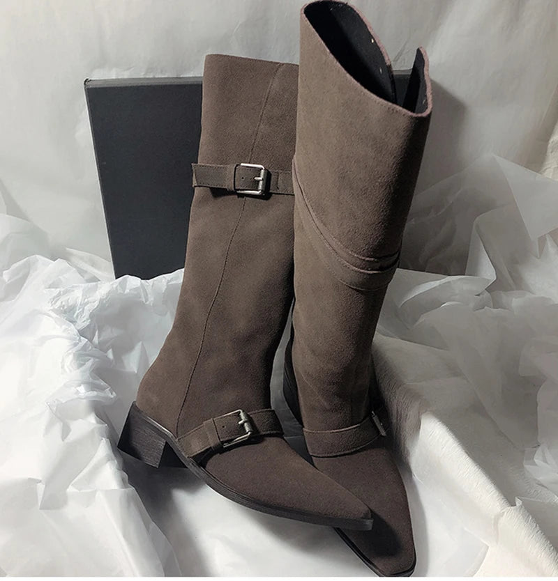 LIZAKOSHT  -  Fashion Vintage Women Western Knee High Boots Fashion Winter Belt Buckle Stripper Party Shoes Zapatos De Mujes