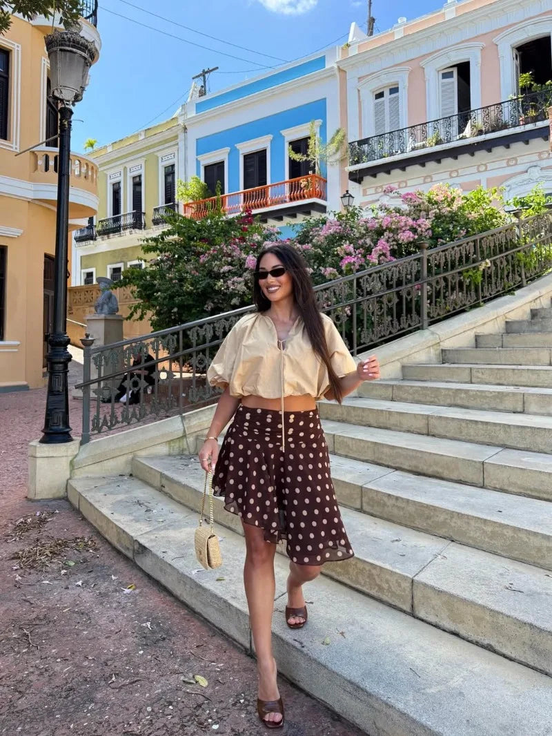 LIZAKOSHT  -  Vintage Dot Print Mini Skirt For Women Summer High Waist Folds Asymmetry Skirts Street Fashion Party Club Casual Skirt New