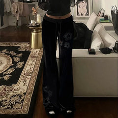 LIZAKOSHT  -  UShaped Star Rhinestone Velvet Low Waist Slim Flared Pants Trousers Jumpsuit Playsuit