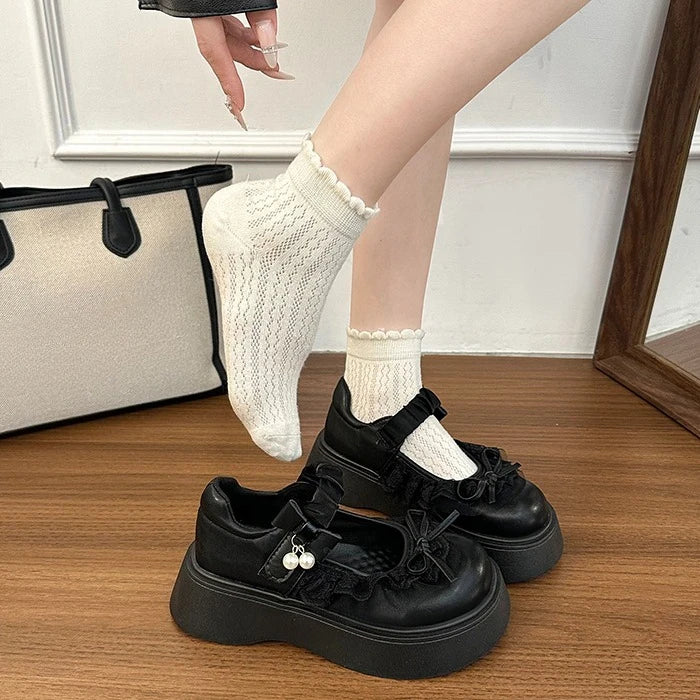 LIZAKOSHT  -  British Style Vintage Women Mary Jane Shoes Concise Butterfly-knot Single Shoes Ladies Height Increase Dress Leather Pumps