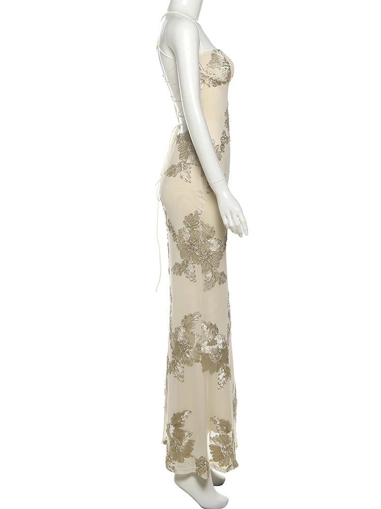 LIZAKOSHT  -  Backless Dress Women Elegant Flower Embroidery Low-Neck Cross Bandage Summer Street New Trend Skinny Maxi Vestidos