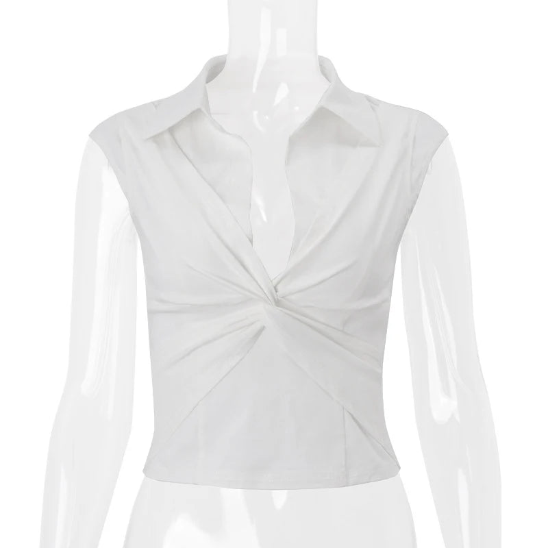 LIZAKOSHT  -  Vintage Sexy Polo Neck Twisted Ruched White Tees Casual Slim Fit Low-cut Neck Solid Cropped Tops Trend All-match Streetwear