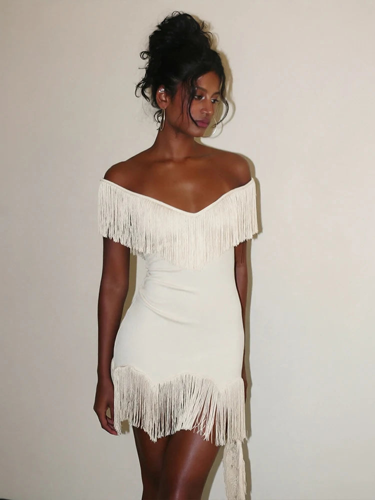 LIZAKOSHT  -  Backless Dress Woman Sexy Tassel Decoration Slash Neck Sleeveless High Waist Midnight Prom Party Elegant Bodycon