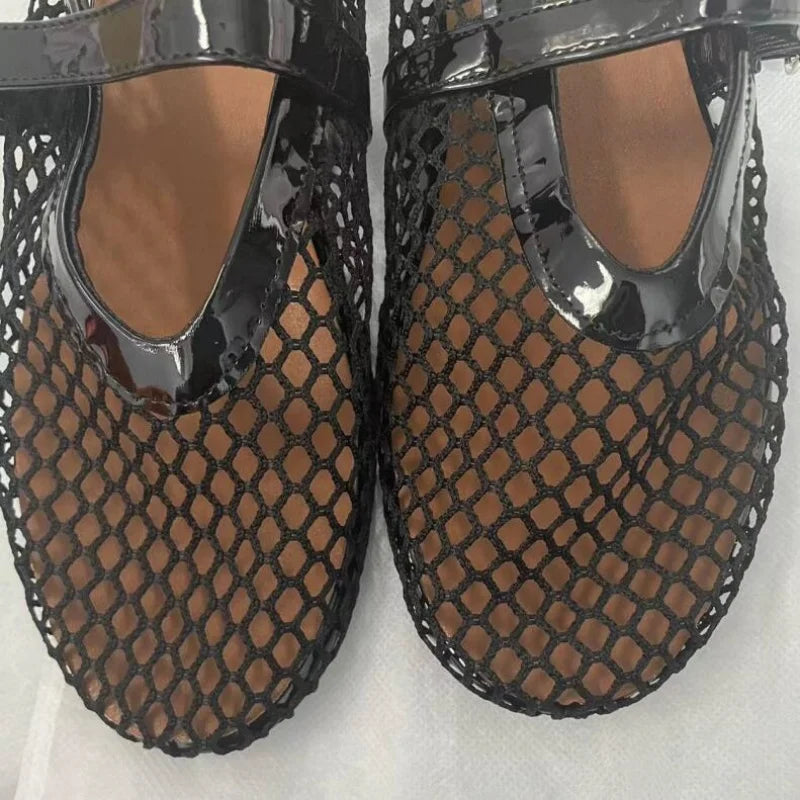 LIZAKOSHT  -  Summer Fashion Designer Rhinestones Round Toe Mary Janes Women Flat Mesh Sandals Buckle Strap Comfortable Outdoor Dress Shoes