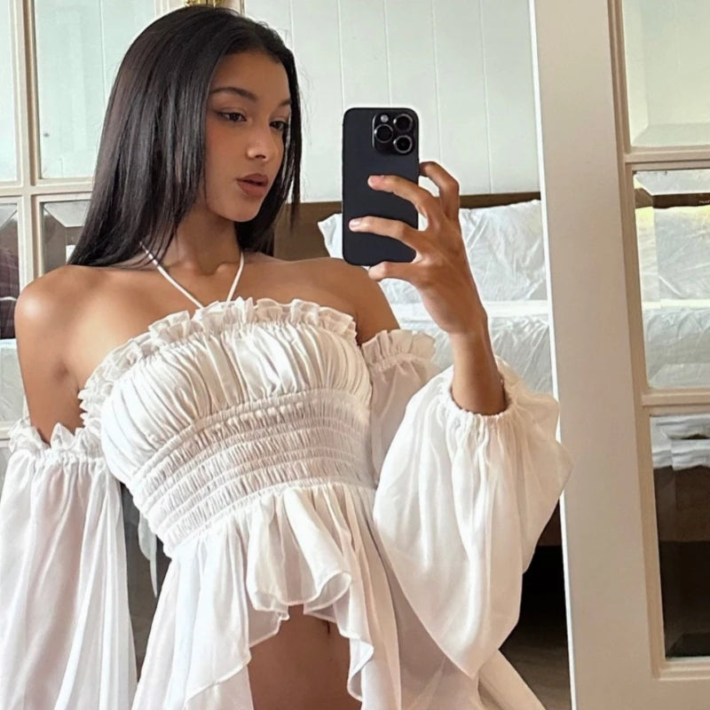 LIZAKOSHT  -  Off Shoulder Ruffles Sexy Lantern Long Sleeve Halter Backless Fashion All-match Crop Tops Y2K Summer Streetwear Blouses
