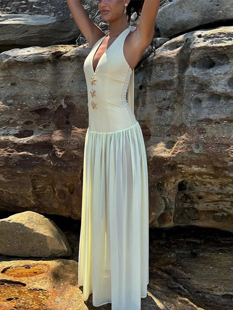 LIZAKOSHT  -  Starfish Halter Back Strap Dress Hanging Neck Waist Cinching Mesh Perspective Women Pleated Beach Long Dresses Slim Fit Robes
