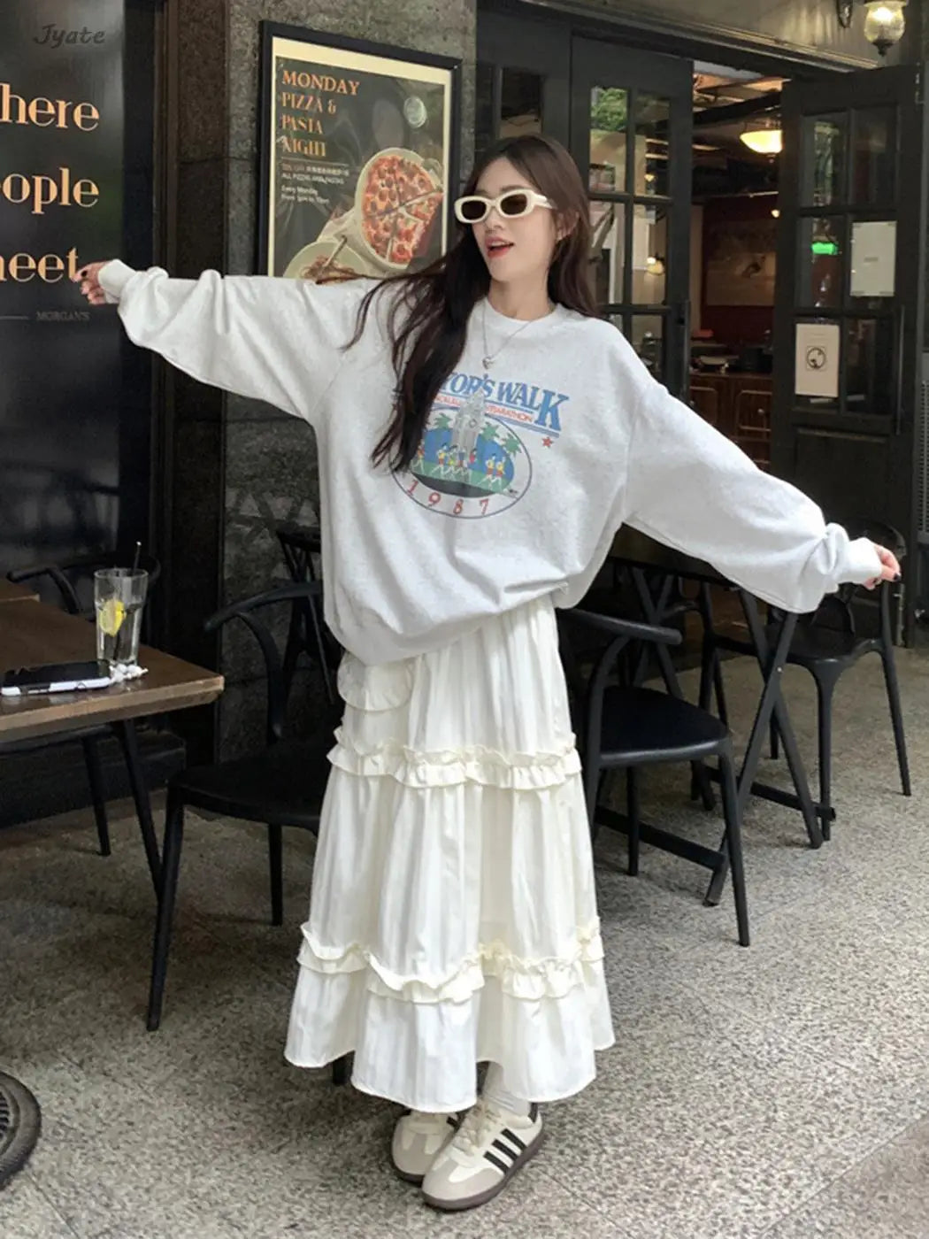 LIZAKOSHT  -  Wood Ear Edge French Simple Midi Skirt Sweet Women Skirts Spring Summer Elastic Waist A-line Fashion Layer Cake Skirt Tutu Korea