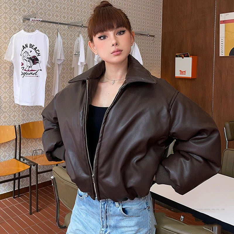 LIZAKOSHT  -  Casual Pu Leather Jackets Women Loose Zipper Lapel Long Sleeves Coats Female Autumn Winter Parkas Streetwears Lady