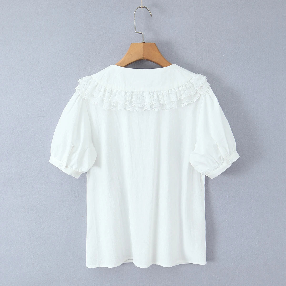 LIZAKOSHT  -  Holiday White Spliced Wood ears Lace Peter Pan Collar Short Puff Sleeve Shirt Women Fold Pleated Front Open Buttons Blouses Tops