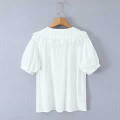 LIZAKOSHT  -  Holiday White Spliced Wood ears Lace Peter Pan Collar Short Puff Sleeve Shirt Women Fold Pleated Front Open Buttons Blouses Tops