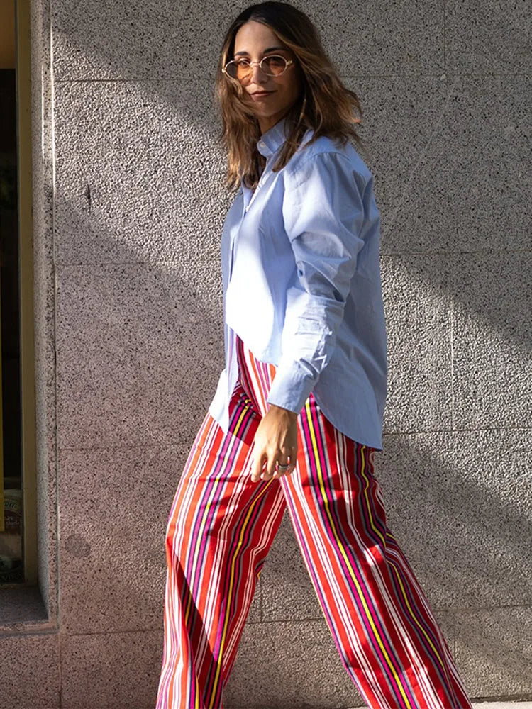 LIZAKOSHT  -  Fashion Red Multicolor Striped Pants For Women Casual High Waist Wide Loose Long Trouser Lady Spring Summer Vacation Pants