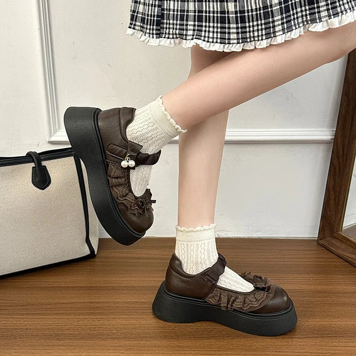 LIZAKOSHT  -  British Style Vintage Women Mary Jane Shoes Concise Butterfly-knot Single Shoes Ladies Height Increase Dress Leather Pumps