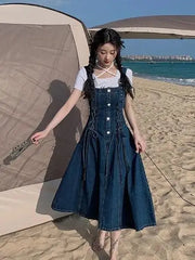 LIZAKOSHT  -  Denim Strap Dress Waist Women'S Dress Summer New Retro Slimming Length Age Reducing Small A-Line Skirts Women'S Clothing