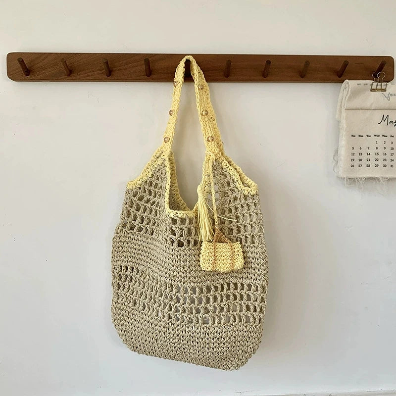 LIZAKOSHT  -  Eco-friendly Handmade Women Designer Straw Mesh Shoulder Bag Beach Holiday Dress Beach Shopping Bags