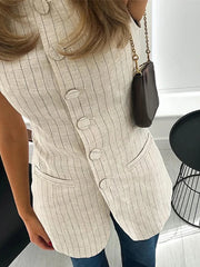 LIZAKOSHT  -  Newest Striped O-neck Women Vest Single Breasted Sleeveless Pocket Slim Female Tank 2024 Spring Summer Stylish Ladies Outwears