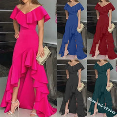 LIZAKOSHT  -  Sexy V-neck Irregular Hem Pure Color Women's Dress Bell Sleeve Ankle-length Regular Waist Design Floral Lace Edge Dress