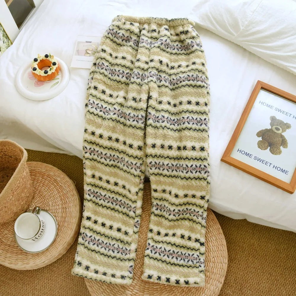 LIZAKOSHT  -  Autumn Winter Flannel Warm Thicken Pajama Pants for Women Elastic Waist Warm Home Sleepwear Print Lounge Wear Sleeping Pants