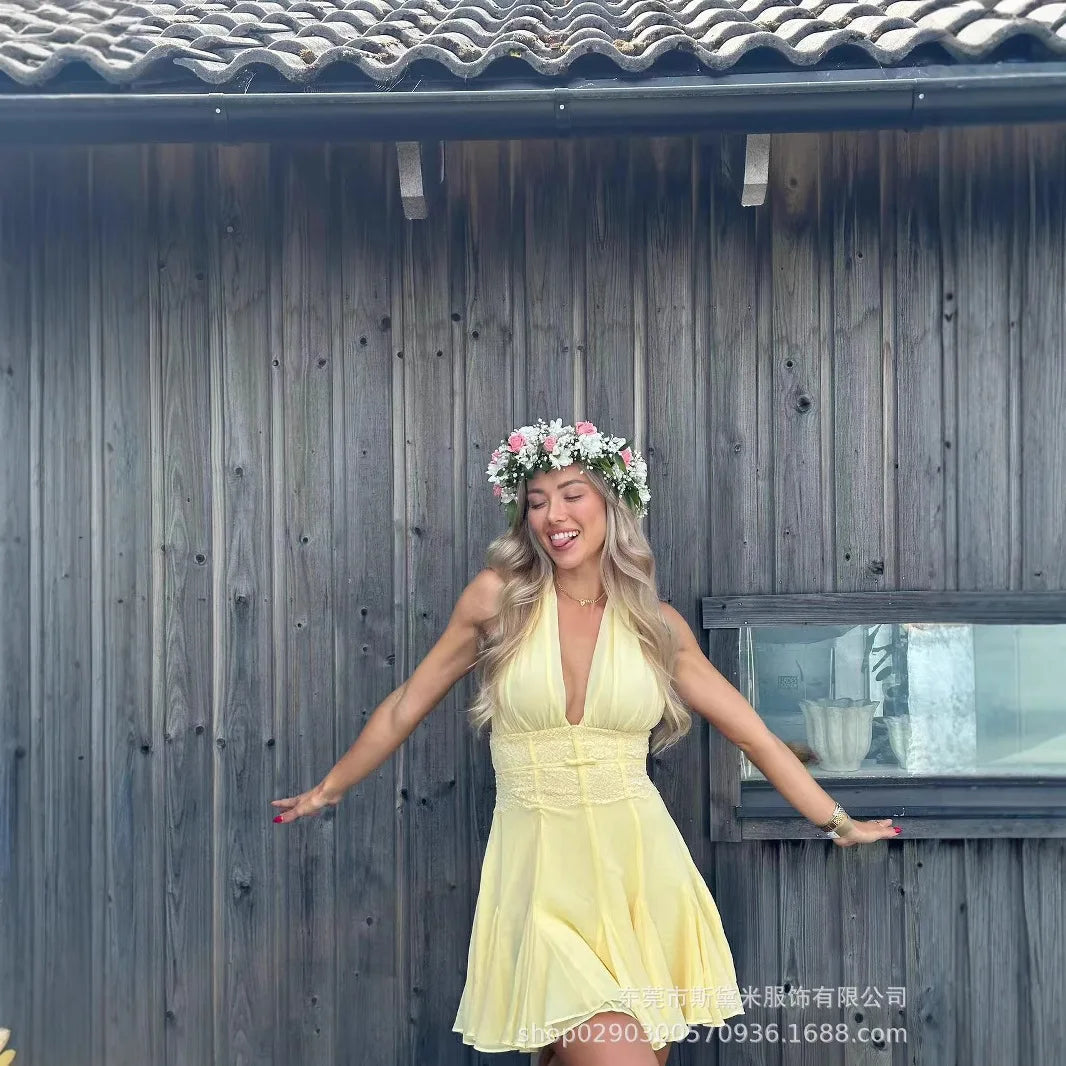 LIZAKOSHT  -  Summer Yellow Lace Women Prom Dress Sexy V Neck Halter Sleeveless Backless Party Gown Short Mini Robe Casual Beach Holiday Skirt