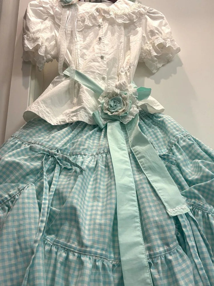 LIZAKOSHT  -  Lolita White Short Sleeved Harajuku Jk Shirts Women+ Y2k Sweet Bow High Waist Skirts 2025 Summer New Two Piece Sets
