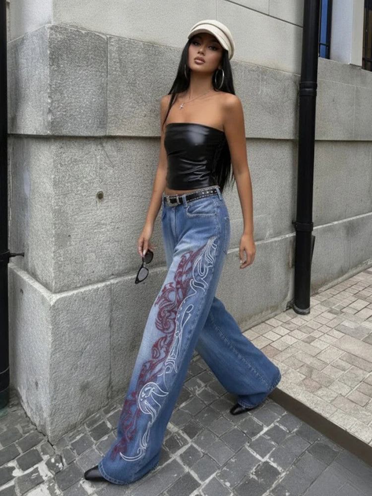 LIZAKOSHT  -  American Vintage Fashion Hot Girl Chic Jeans Women Loose Printed Straight Leg Denim Pants Slim Streetwear Trendy Long Trousers