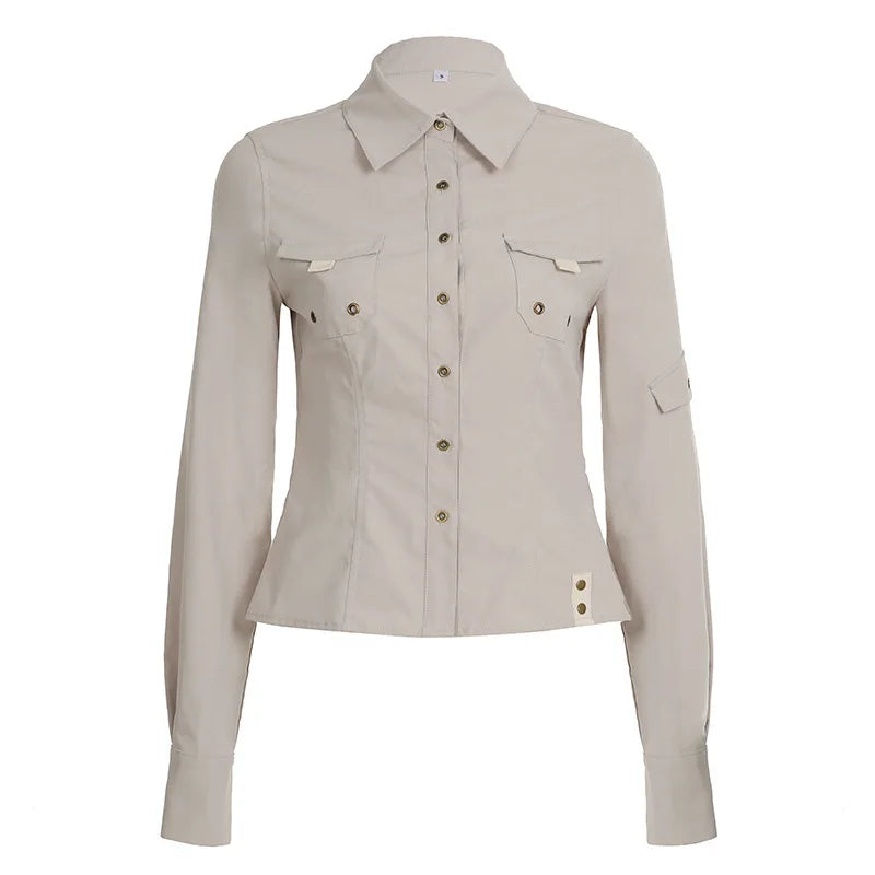 LIZAKOSHT  -  Harajuku Autumn Newly Pockets Flip Collar Buttons Long-sleeved Shirts Work Style Slimming Cardigant Top Blouses for Women