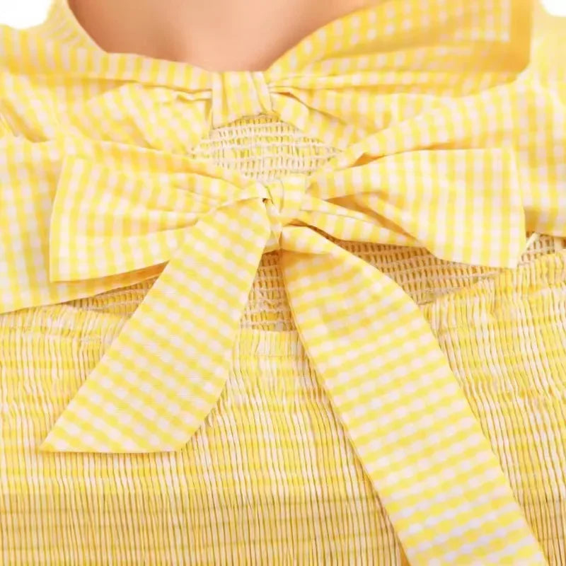 LIZAKOSHT  -  New Fashion Vintage Beach Mini Dress for Women 2024 Summer Holiday Women Casual Small Plaid Bow Yellow Dress Elegant Vestidos