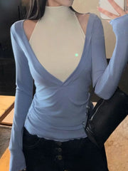 LIZAKOSHT  -  Y2k Aesthetic Two-piece Set Sexy A Deep V-Neck Slim Fit T-shirt + Half High Sleeveless Vest Autumn Vintage Grunge Suit