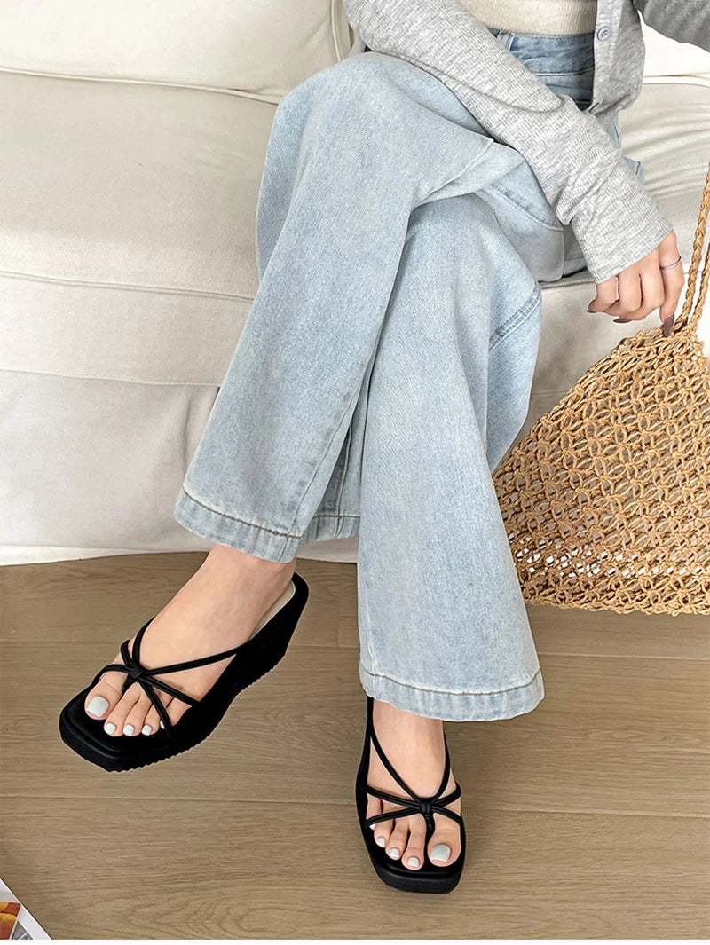 LIZAKOSHT  -  Designer Summer Women Wedges Heel Clip Toe Slippers Concise Narrow Band Slide Ladies Outdoor Party Dress Sandalias