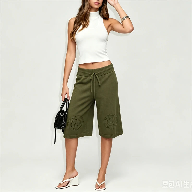 LIZAKOSHT  -  Women Y2k Drawstring Waist Knit Culottes Shorts Hollow Out Eyelet Floral Loose Wide Leg Mid Calf Capri Pants Loungewear Bottoms