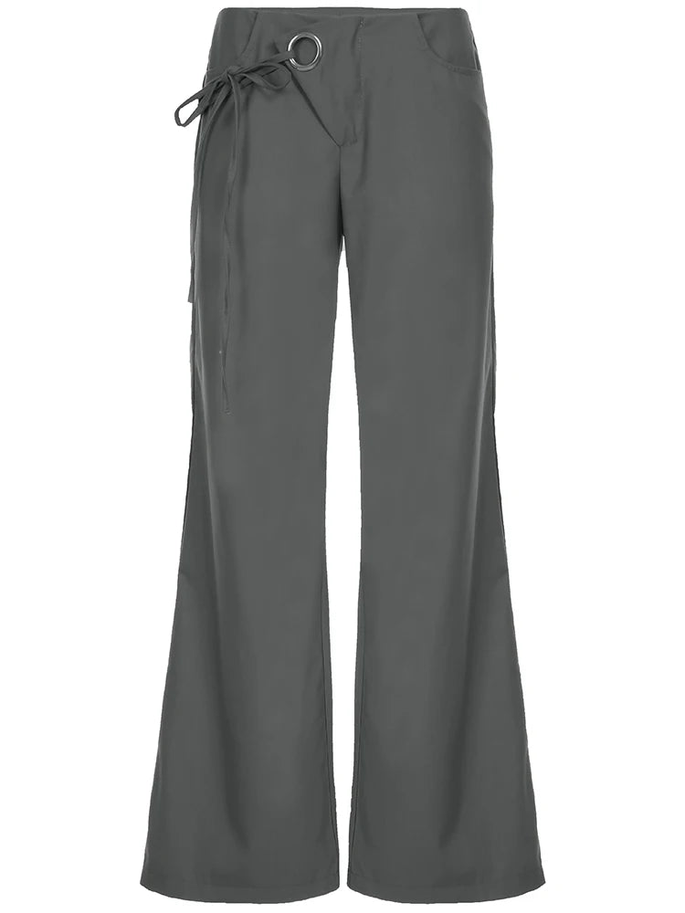LIZAKOSHT  -  Lace Up Loose England Style Trousers Fashion Low Waisted Solid Pants Vintage Aesthetic Leisure Bottoms for Women