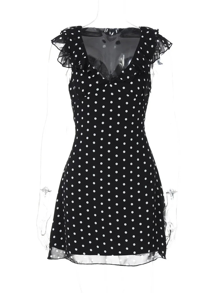 LIZAKOSHT  -  Sexy Mesh Patchwork Mini Dress Female Sleeveless V-Neck Contrast High Waist Slim Party Dress For Women Summer Y2k Dress