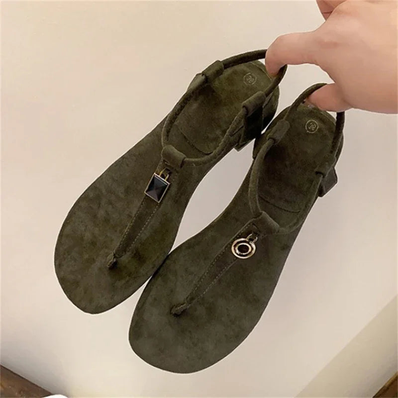 LIZAKOSHT  -  Summer Women's Blue Suede T-Strap Flip Flops Metal Decor Flat Sandals Ankle Strap Casual Slingback Slippers Beach Shoes