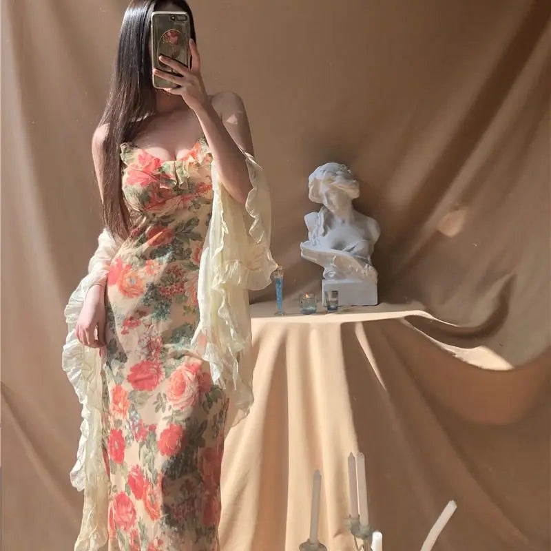 LIZAKOSHT  -  French Sweet Vintage Floral Dress Women Casual Spaghetti Strap Beach Dress Female Summer Office Lady Party Vestidos