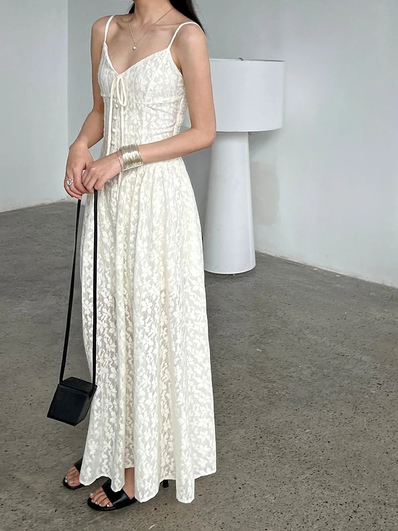 LIZAKOSHT  -  Cotton Blend Women Fashion Sleeveless Flower Long Dress Slim Body Sexy Elegant Spaghetti Strap Beige Maxi Dress Vestidos Clothes
