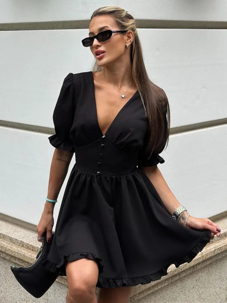 LIZAKOSHT  -  Deep V-neck Puff Sleeve Mini Dress Women Sexy High Waist Patchwork Button Fashion Slim Black A-line Club Party Dress