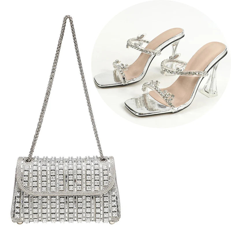 LIZAKOSHT  -  Fashion Rhinestone Slippers For Women's 2025 Summer New Crystal Thick Heel Transparent Sandals Full Diamond Shoulder Bag Set