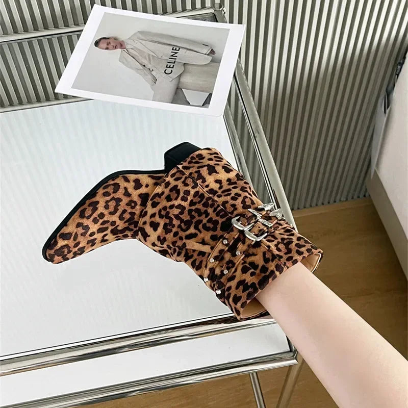 LIZAKOSHT  -  New Leopard Ankle Boots Women 2025 Sexy Pointed Toe Chunky Boots for Women Fashion Side Zip Belt Buckle Botines Winter Shoes