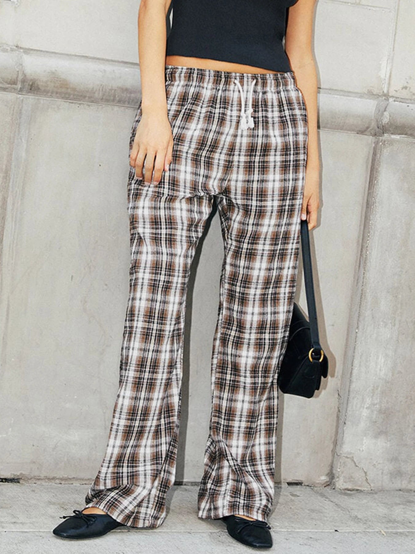 LIZAKOSHT  -  Streetwear Drawstring Plaid Pants Elastic Waisted Fashion Casual Sweatpants Harajuku Aesthetic Y2K Straight Pants