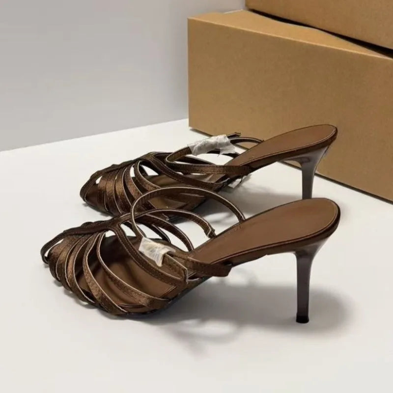 LIZAKOSHT  -  Summer Retro Style High Heels Women Roman Sandals Breathable Weaving Hollow Out Elegant Back Strap Date Banquet Lady Shoes