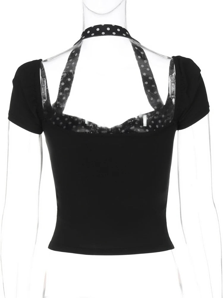 LIZAKOSHT  -  Summer Halter Short Sleeve T-shirts for Women Female Sexy Backless Polka Dot Patchwork Corset Tee Shirt Streetwear