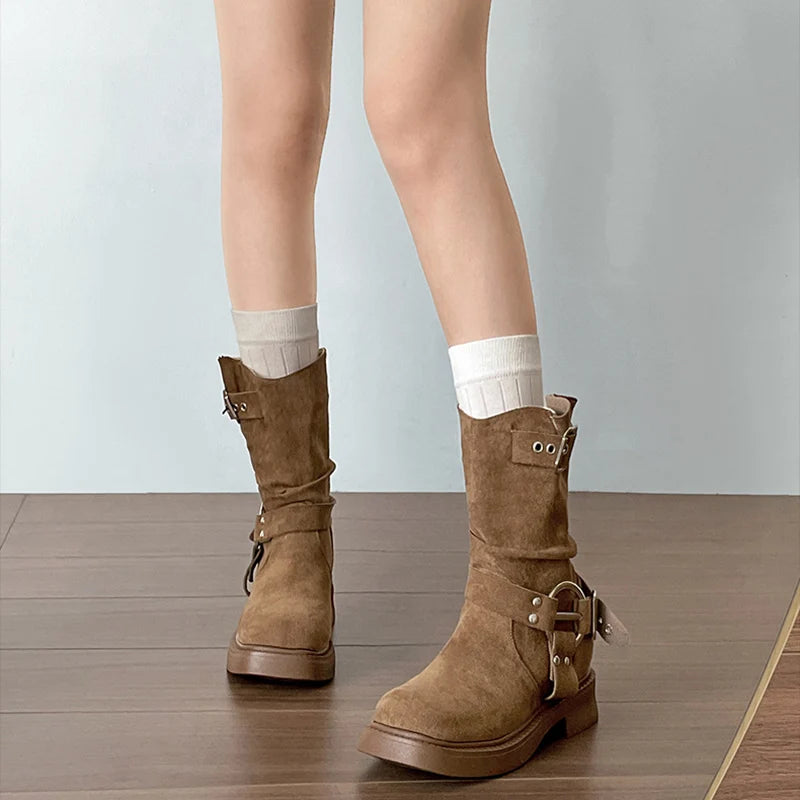 LIZAKOSHT  -  Vintage Low Heel Women Ankle Boots Fashion Belt Buckle Shoes Autumn Winter Short Booties Zapatos De Mujer